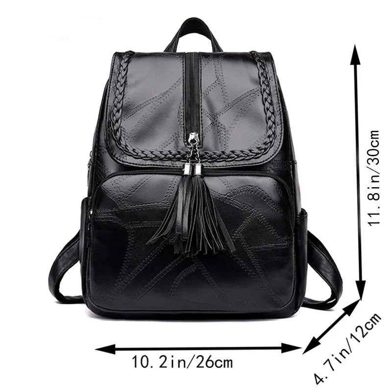 sac à dos décontracté vintage à rabat et pompon, sac à dos léger en cuir noir pour le shopping, les rendez-vous et les escapades de week-end
