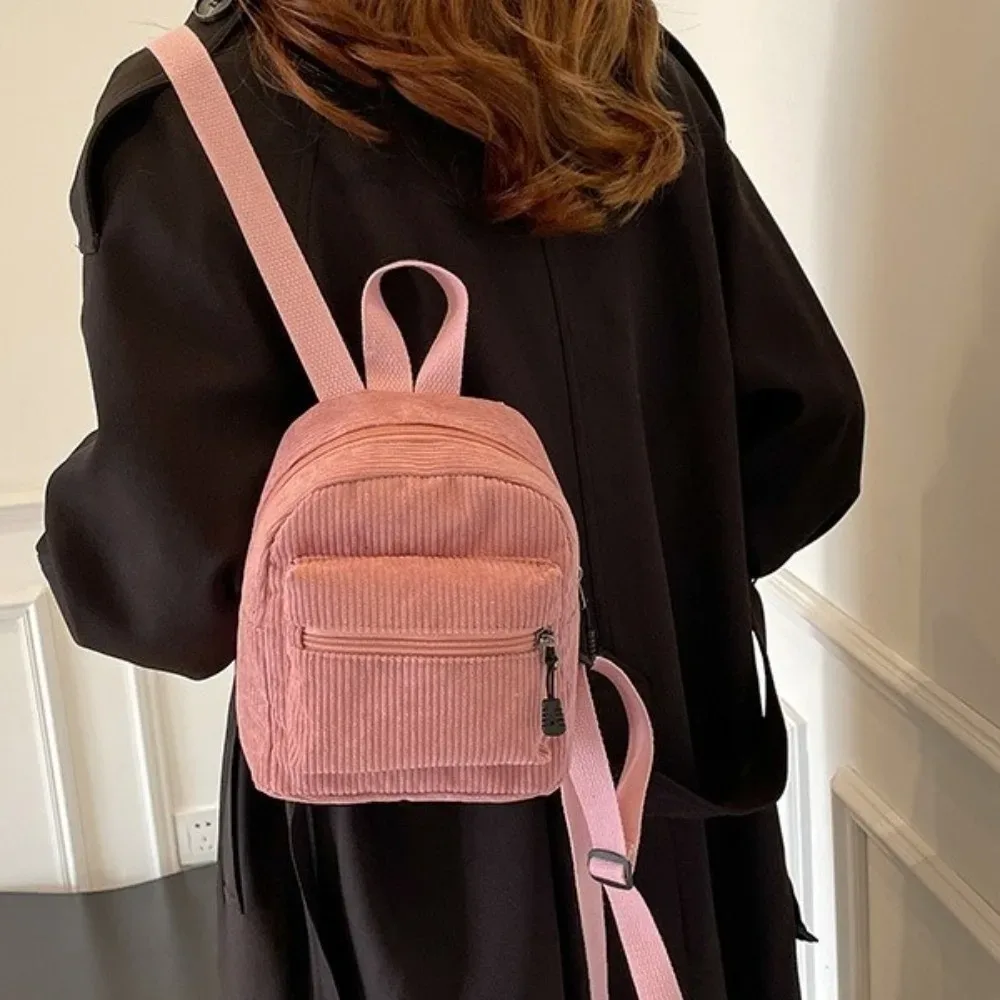 sac à dos mini en velours côtelé couleur unie série forêt, léger, à double bandoulière, vintage, multi-poches, pour femme