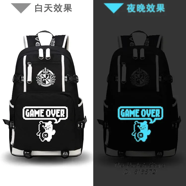 sac dos toile oxford noire dessin animé monokuma couronne ailes capacité 20 35 litres port usb bandes renfort blancs