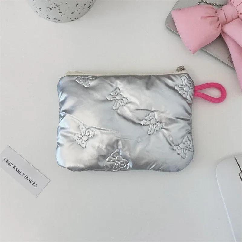 porte-monnaie à motif de nœud argenté pour femme, portefeuille pour écouteurs, pochette à fermeture éclair, trousse à cosmétiques en poudre, prédire