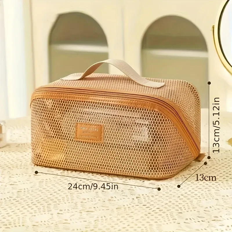 trousse de maquillage en tissu filet translucide grande capacité, pochette de voyage essentielle pour articles de toilette, trousse de maquillage multifonctionnelle