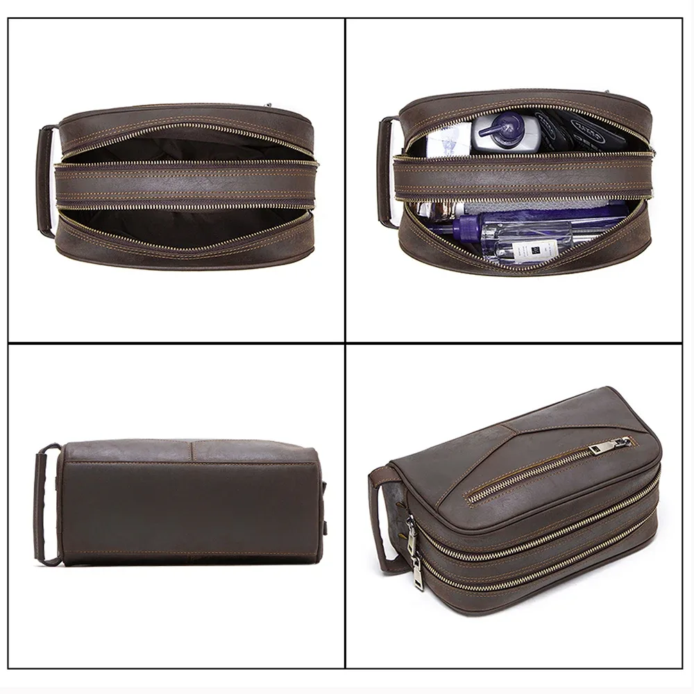 trousse de toilette pour homme en cuir crazy horse vintage, sac de maquillage, trousse de voyage, sac de rangement pour produits de beauté, double fermeture éclair, organisateur pour homme.