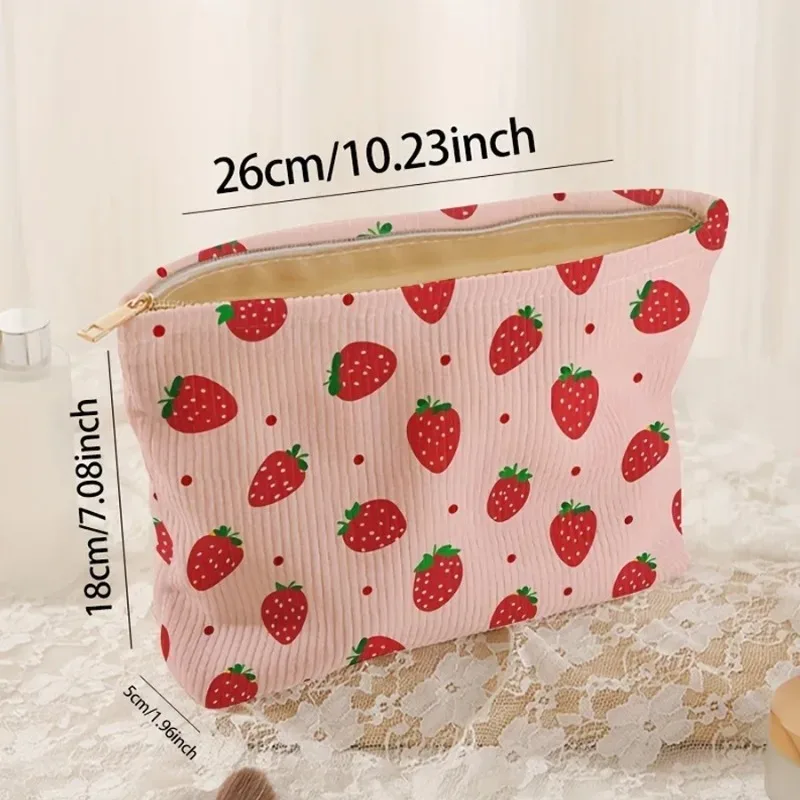 nouvelle trousse de maquillage rose fraise en velours côtelé robuste et durable, sac à main décontracté et mignon pour pinceaux et cosmétiques