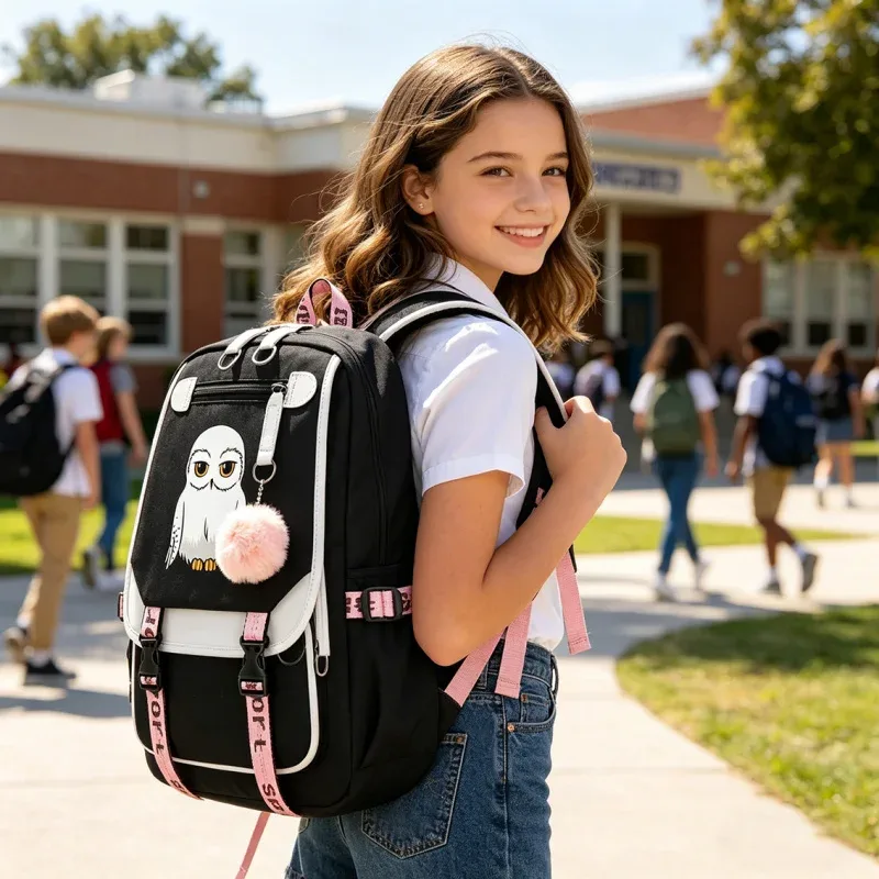 sac à dos anime hedwig night owl en nylon, sacs de voyage pour étudiants, sacs à livres, sacs à dos décontractés pour ordinateur portable avec port usb
