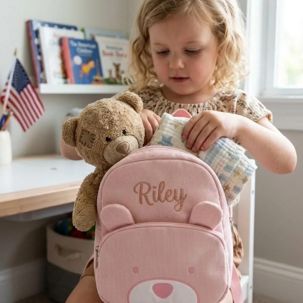 sac à dos personnalisé pour tout-petit avec nom brodé, motif ours de dessin animé, en velours côtelé, grande capacité, sac en peluche