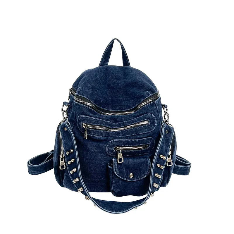 sac à dos décontracté en jean délavé à double bandoulière avec rivets, respirant, capacité 20-35l, idéal pour les cours, les trajets quotidiens et la rentrée scolaire