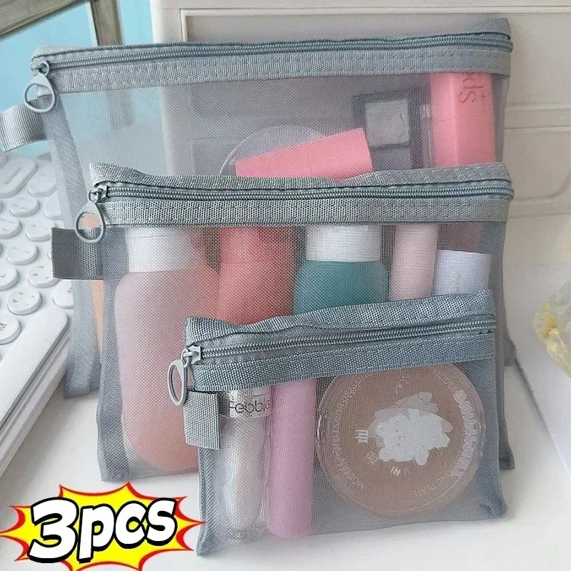 sacs à cosmétiques transparents en maille, petit grand sac de maquillage noir, étui de rangement de toilette de voyage portable, pochette de rangement de rouge à lèvres 1/3 pièces