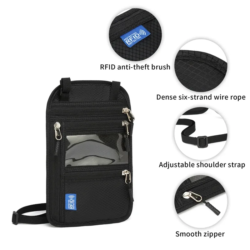 portefeuille de cou anti-rfid, porte-passeport de voyage, sac à documents léger et imperméable, pochette cachée antivol pour femmes et hommes
