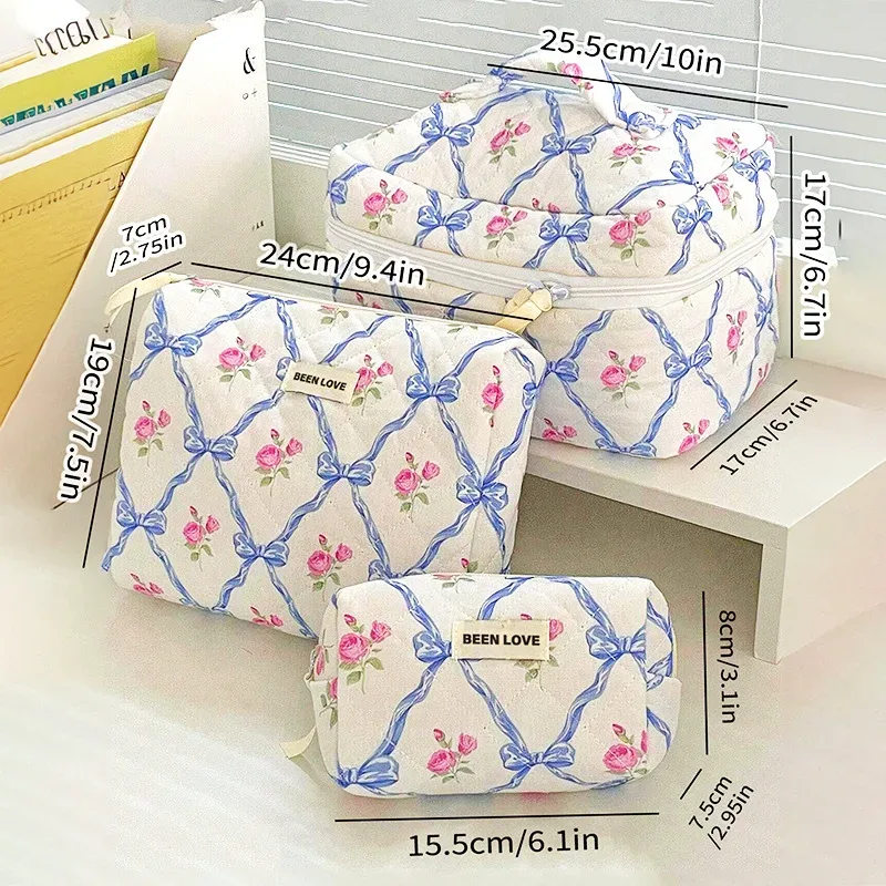 trousse de maquillage de grande capacité, trousse à cosmétiques imprimée de fleurs avec nœud, organisateur de toilette portable à fermeture éclair