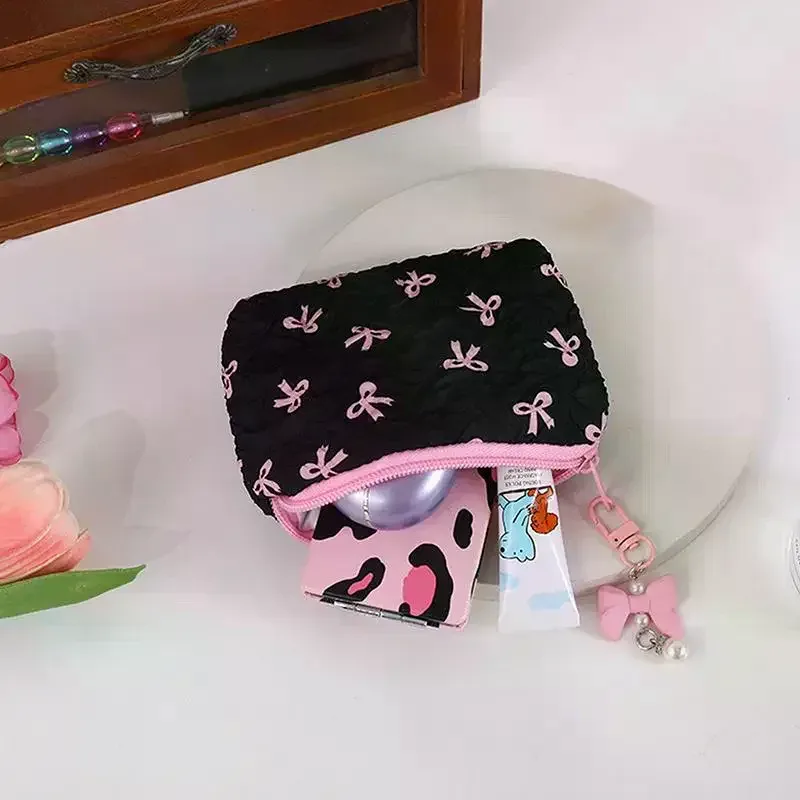 trousse de maquillage en tissu avec nœud mignon, pochette cosmétique pour femme, organiseur de voyage portable pour rouge à lèvres et écouteurs, petite pochette de rangement