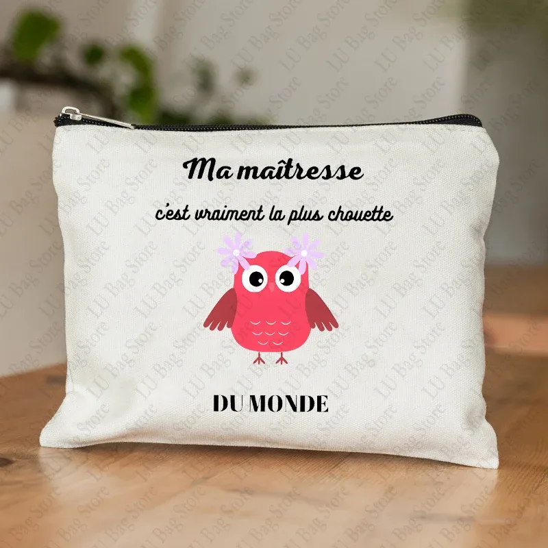 trousse de maquillage pour femmes, thème enseignant, étui à cosmétiques inspiré de maitresse avec motif éducatif de conception de style français, portefeuille pour le travail ou l'école