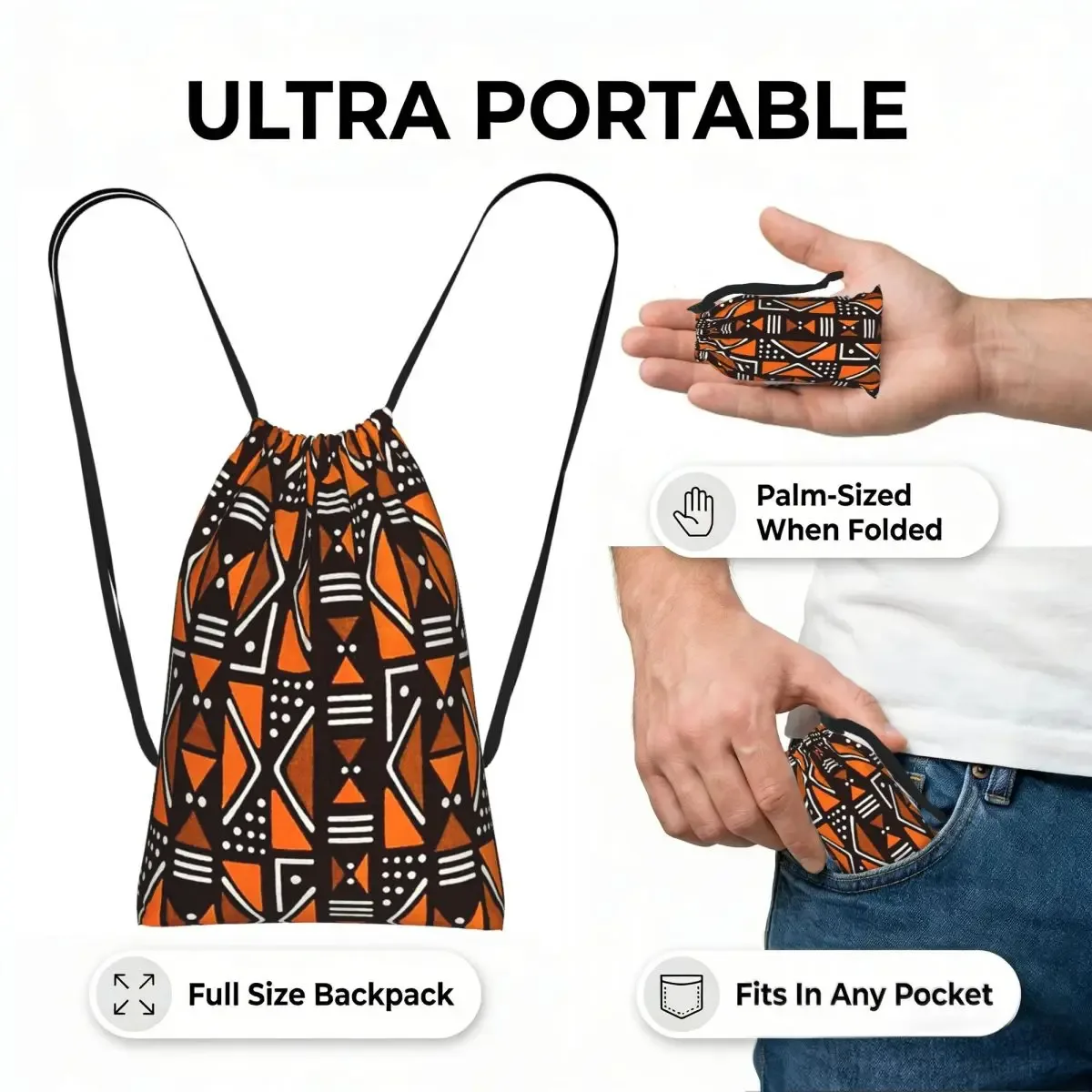 sac à dos à cordon de serrage en tissu bogolan africain, art ethnique tribal africain, sac de randonnée et de cyclisme, sac de rangement léger pour hommes et femmes