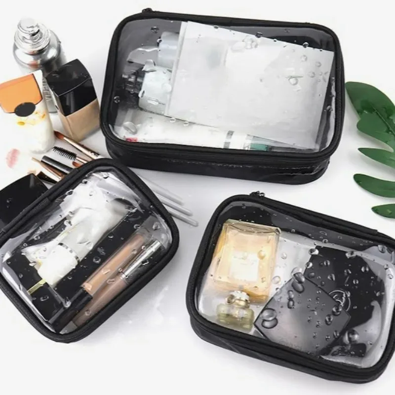 sac cosmétique étanche transparent tpu, petits articles de toilette de maquillage, fermeture éclair, ouverture, stockage, poudres, noir, sacs de lavage robustes