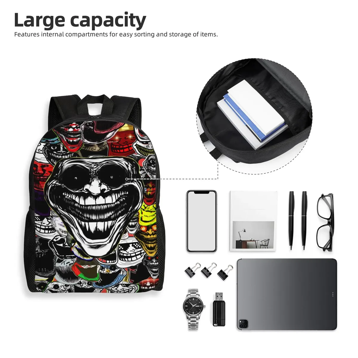 sac à dos personnalisé trollface amusant pour ordinateur portable, sac à dos basique pour femmes et hommes, sac à dos pour l'école, le collège, l'université, sac de dessin animé
