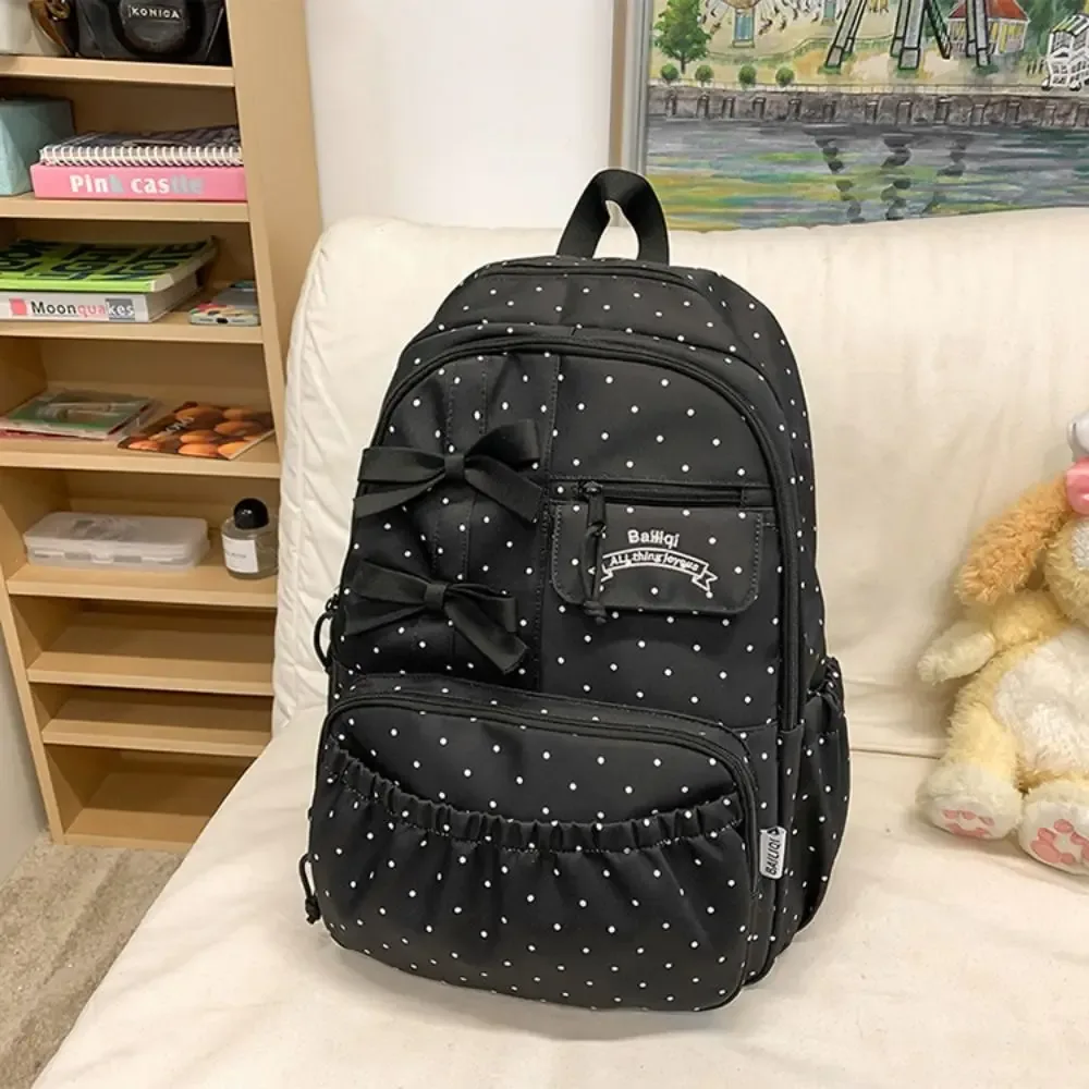 sac à dos en nylon pour filles, avec nœud à pois, cartable d'étudiant de grande capacité, antivol, multi-compartiments, pour ordinateur de voyage