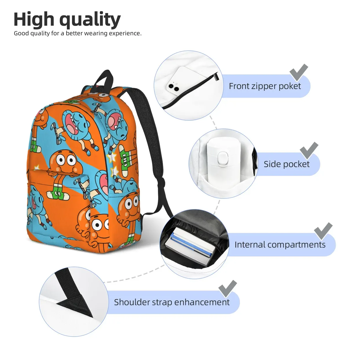 sac à dos the amazing world of gumball darwin swirl, sacs de voyage pour garçons et filles, sacs d'école durables de créateur, sac à dos décontracté
