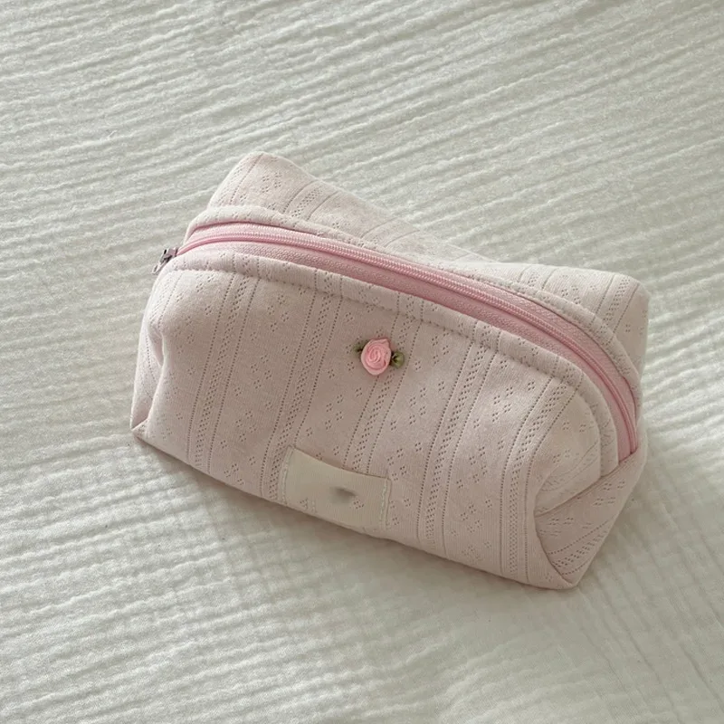 trousse de maquillage rose rayée avec miroir et fermeture éclair, sac de voyage portable pour femmes, organisateur cosmétique mignon et adorable, pochette de toilette