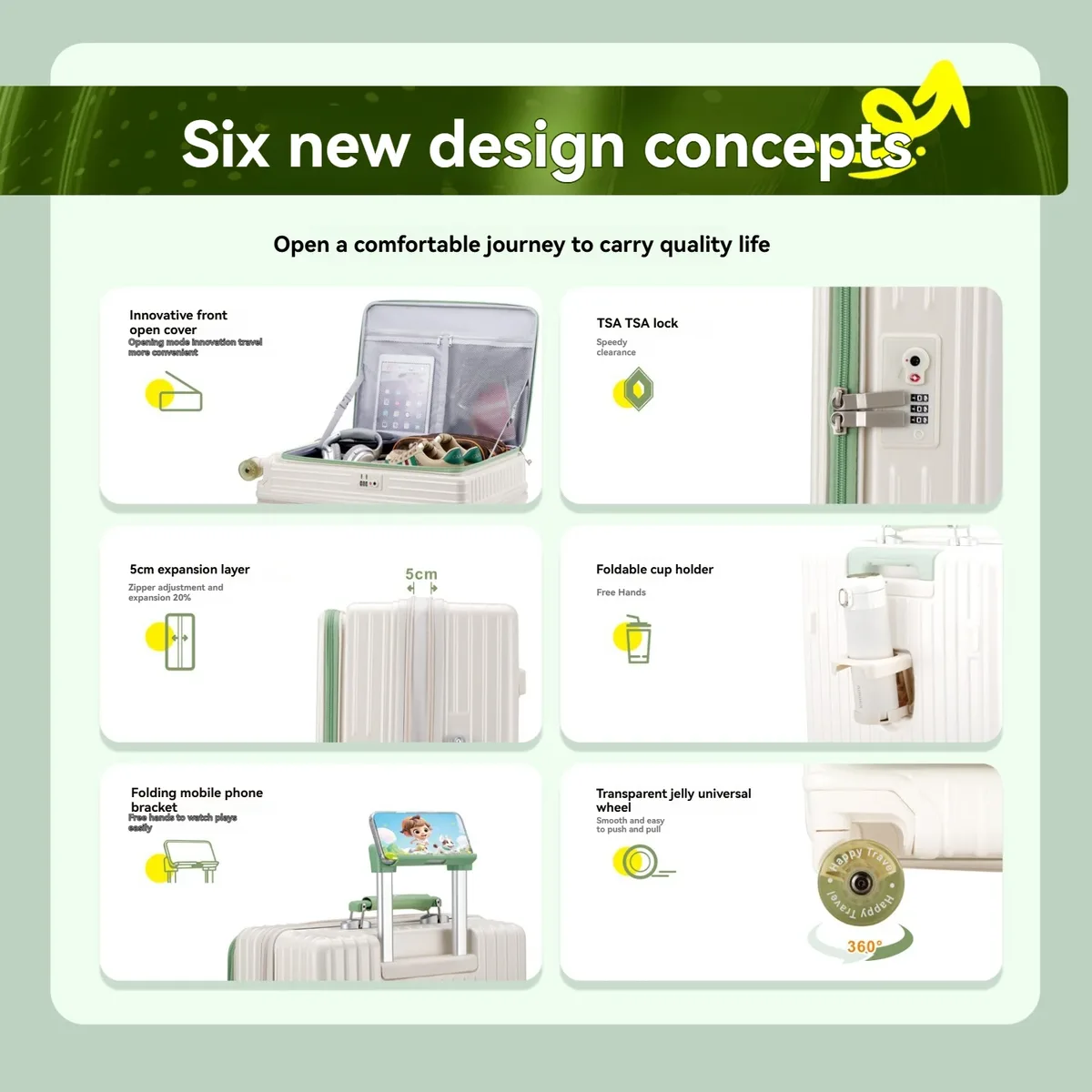 valise bagage rigide abs blanc vert roulettes toupie poignée télescopique couche extensible serrure douanière usage voyage longue distance vacances mer