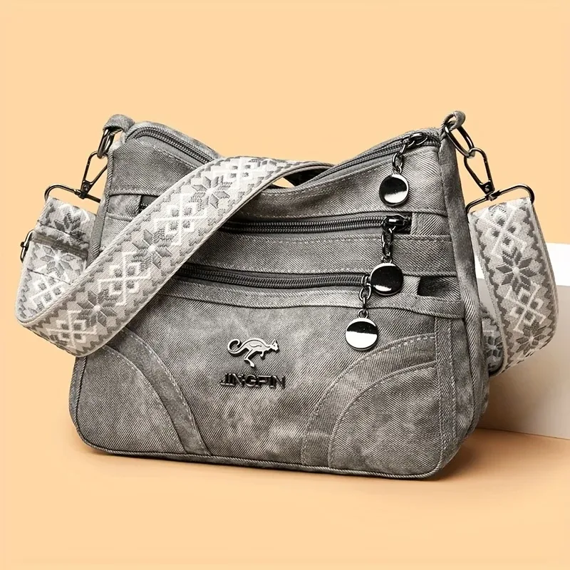 sac à bandoulière vintage gris en toile pour femme, sac messager multi-poches avec sangle à motifs, sac hobo décontracté pour le quotidien