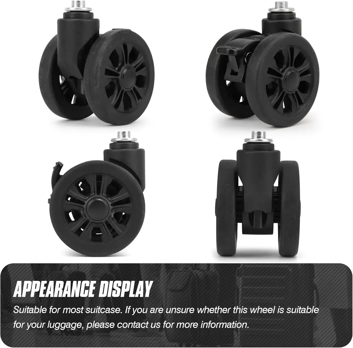 roues remplacement bagages plastique métal frein diamètre cinquante cinq millimètres installation facile voyage usage frappé environnements
