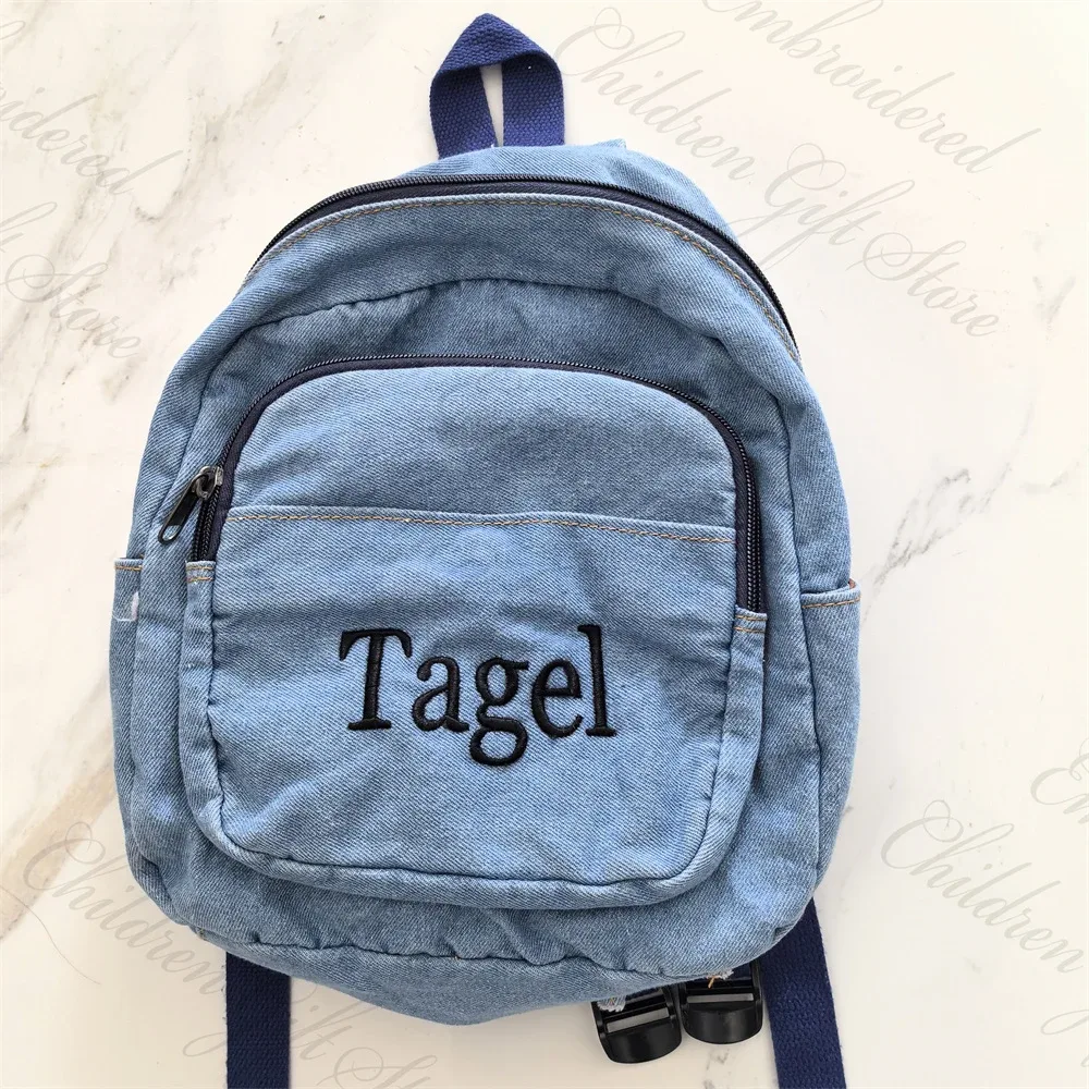 sac à dos en denim avec nom brodé pour femmes, sac de voyage en toile denim pour l'extérieur, nom personnalisé, cartable pour étudiants