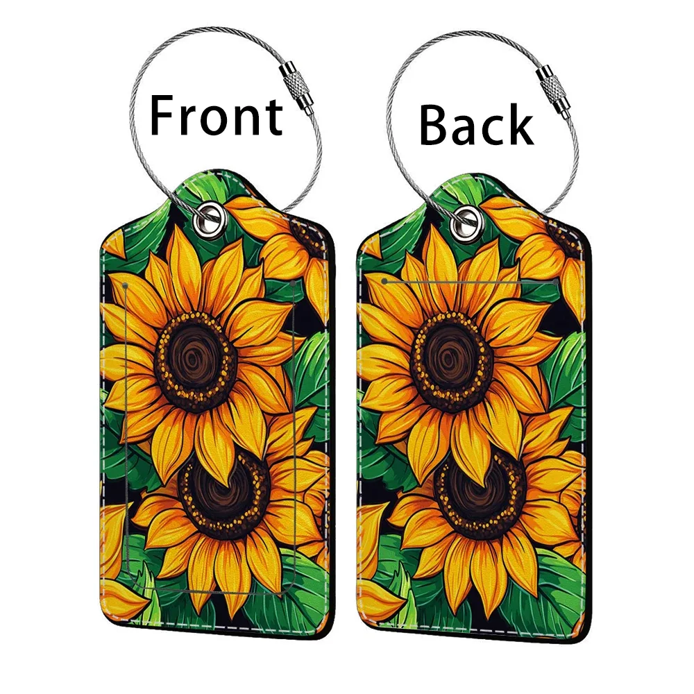 étiquette bagage polyuréthane motif tournesols bleu nuit jaune voyage identification personnelle plaques adresses double cartes bancaires