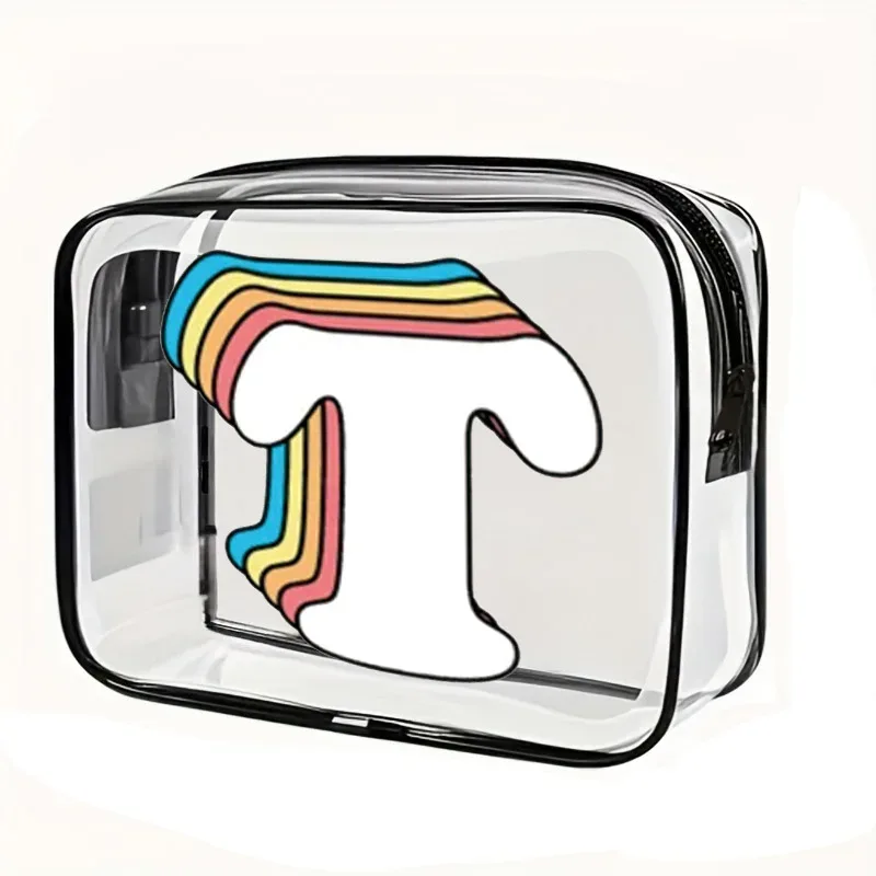 organisateur voyage cosmétiques pvc translucide poignée noire motif arcs-en-ciel lettre grande capacité format tonneau sac compression