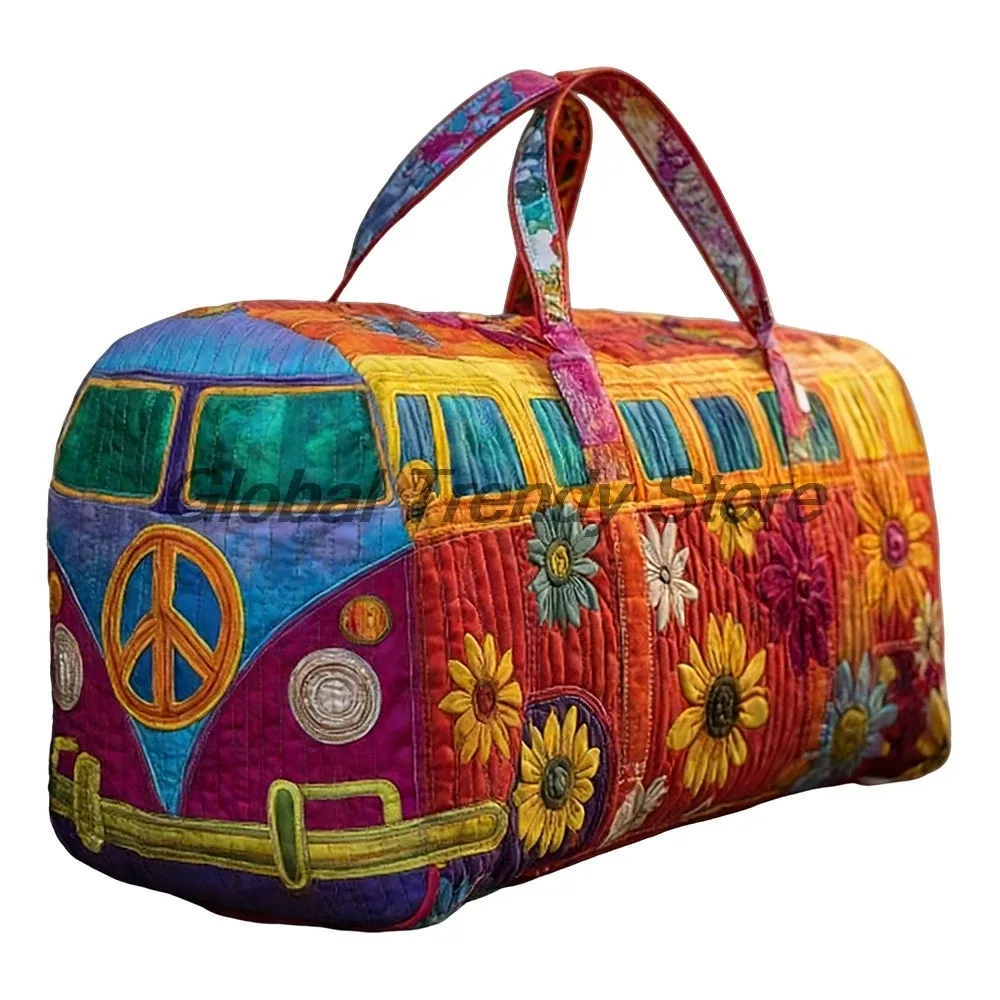 sac de voyage matelassé pour homme, motif floral et bus de la paix, sac fourre-tout décontracté pour femme, sac de week-end