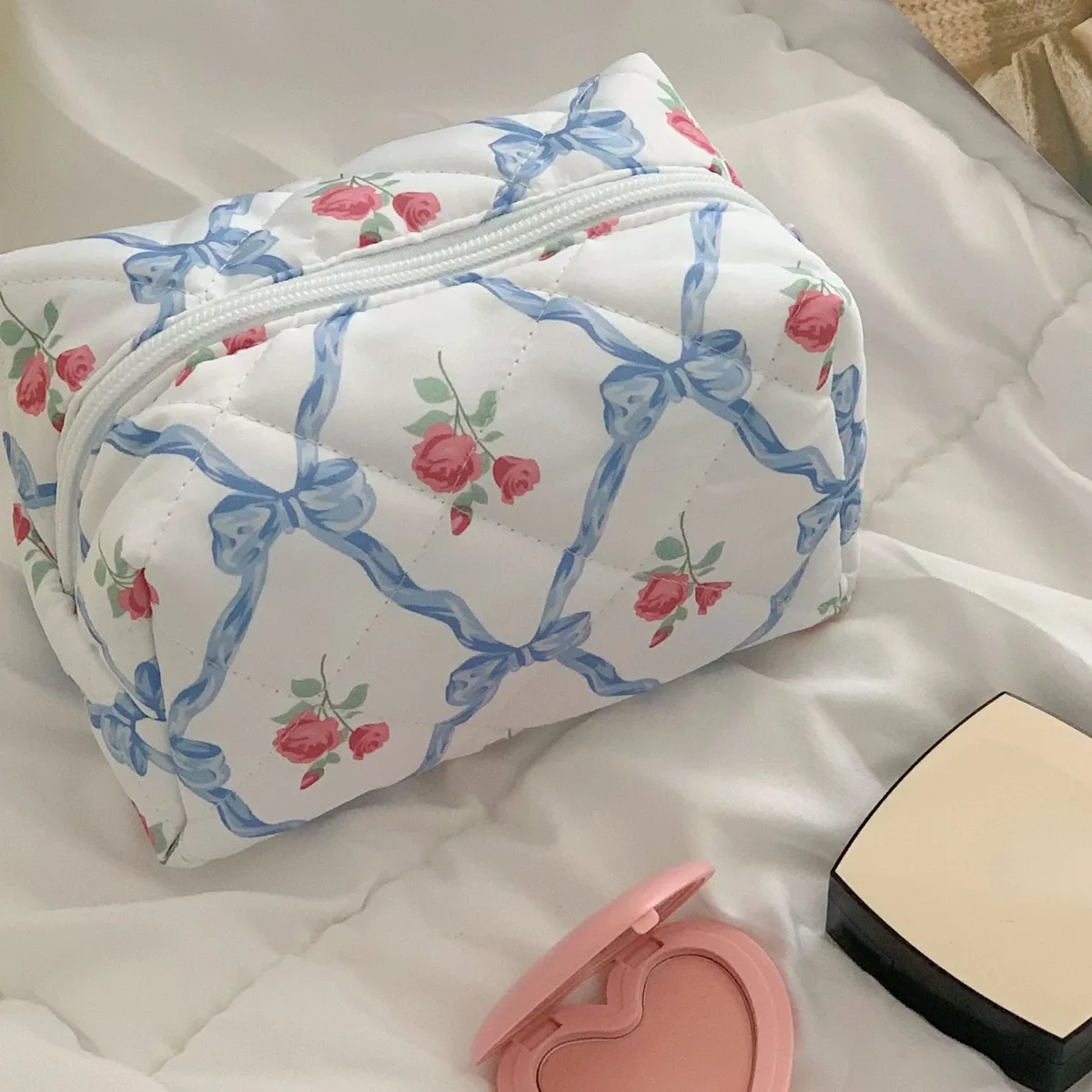 organisateur de rangement, sac de maquillage matelassé bouffant à fleurs, pochette à cosmétiques imprimée de fleurs, grand sac à cosmétiques de voyage, accessoire de maquillage
