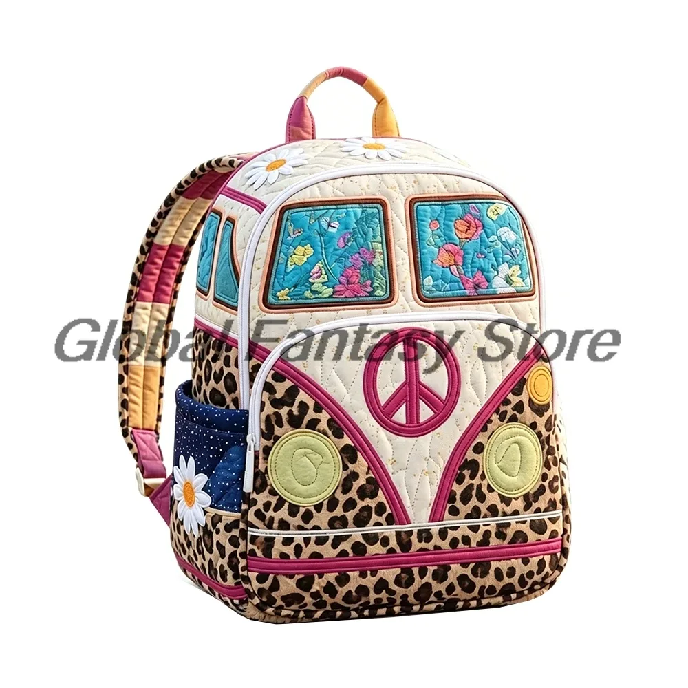 sac à dos matelassé hippie van avec imprimé vintage signe de paix, sac de voyage pour femmes et hommes, sac à dos d'extérieur
