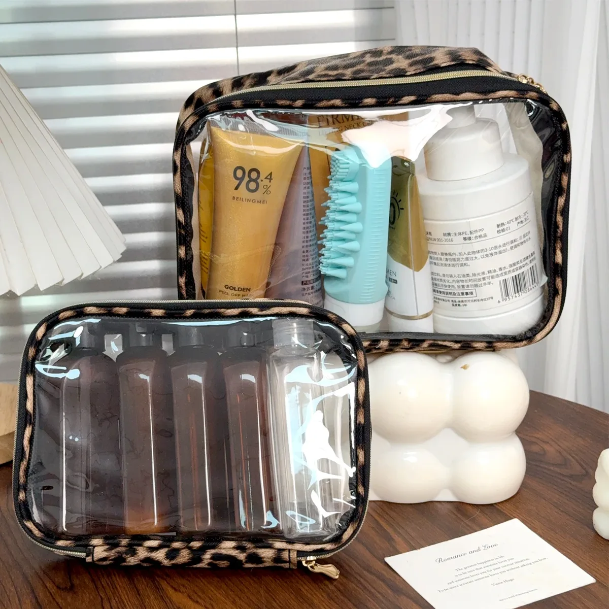 trousse toilette nylon motif léopard transparent voyage grande capacité organisateur cosmétiques maquillage sac accessoires