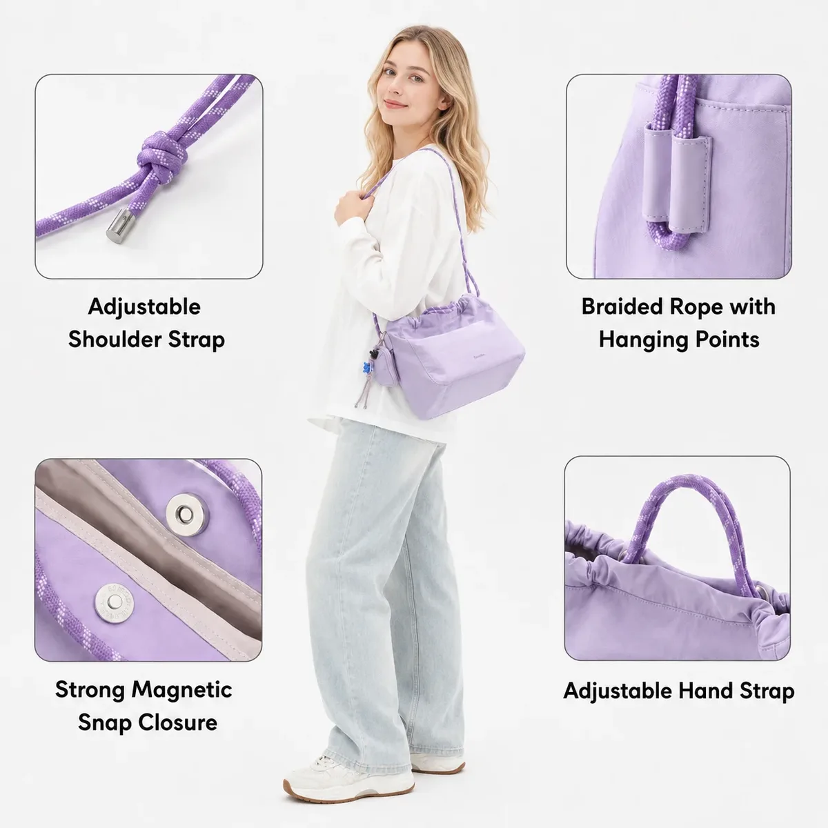 sac fourre-tout à cordon de grande capacité, sac à main léger en nylon de 9,5 l, sac à bandoulière imperméable pour femmes, sac à bandoulière multi-positions