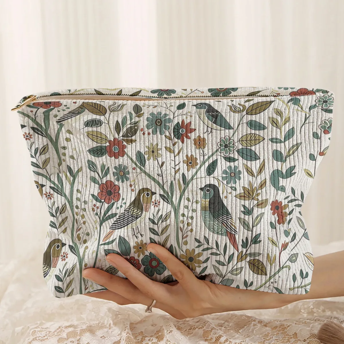 1 pièce, trousse de maquillage en velours côtelé avec motif d'oiseaux et de branches, légère et multifonctionnelle pour le rangement des cosmétiques.