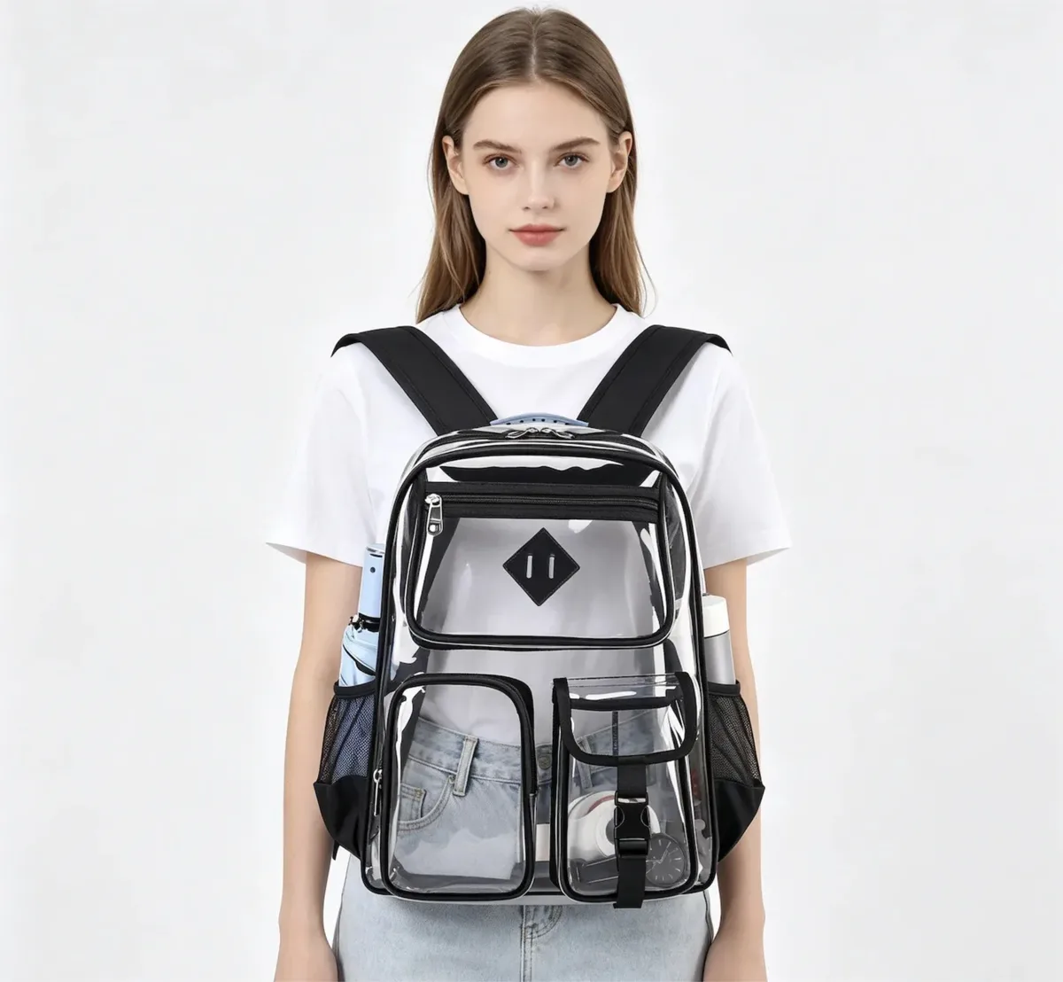 sac à dos transparent en pvc approuvé pour les stades, design transparent avec bretelles à coussin d'air, imperméable et résistant.