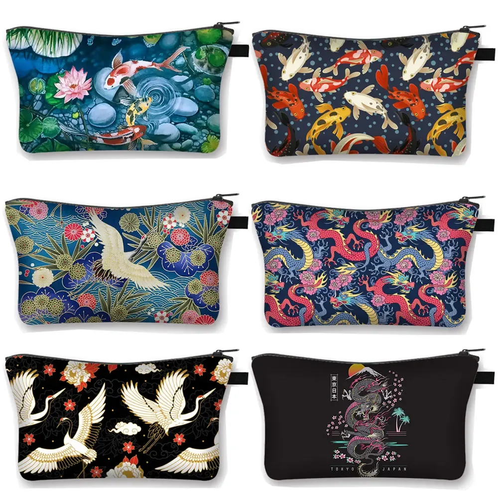 trousse à cosmétiques japonaise koi fish crane pour femmes, trousse de maquillage harajuku, sac de beauté pour filles, trousse de toilette cosmétique hip hop, dragon asiatique