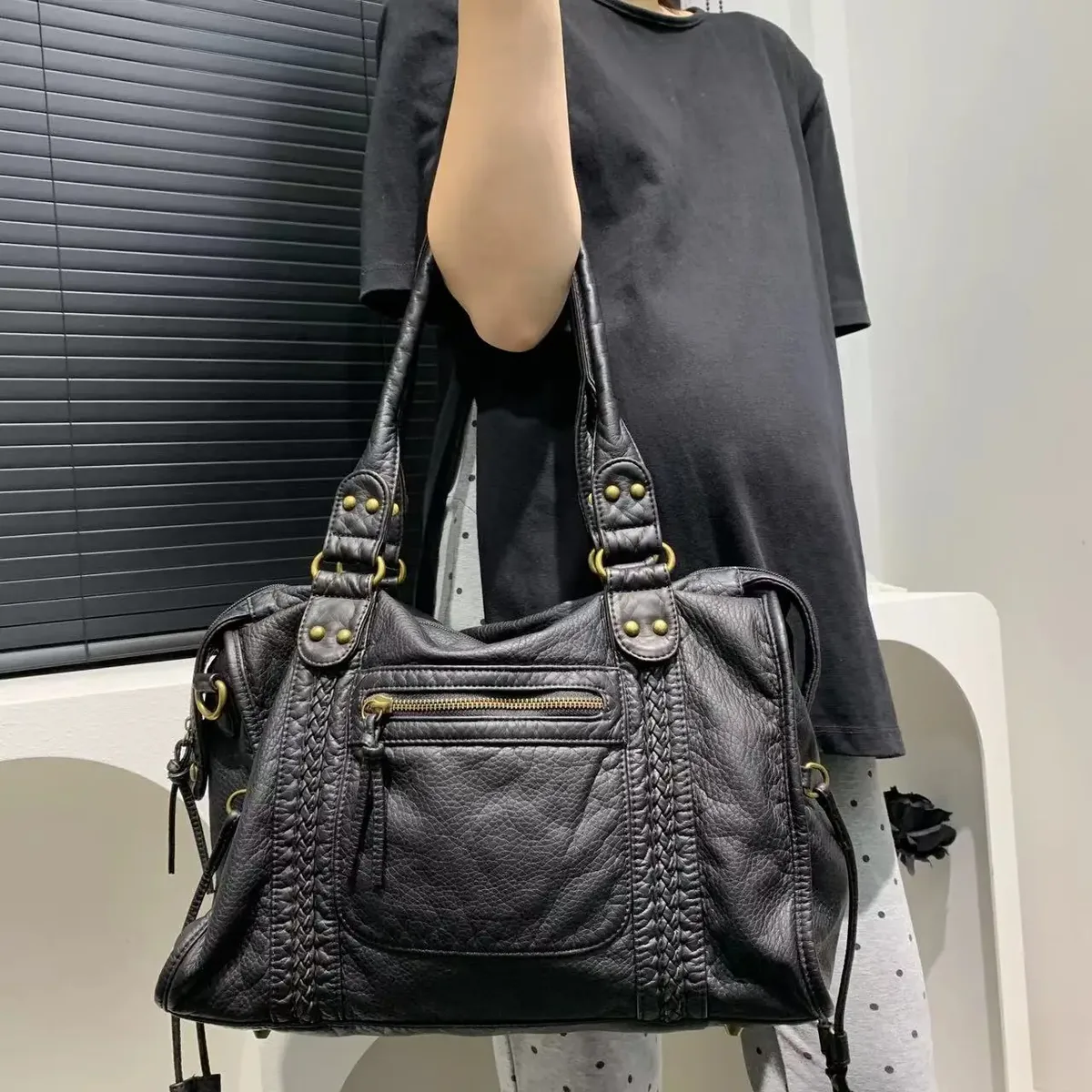 Sac bandoulière Y2K Spicy Girl, sac vintage en cuir lavé, sac moto en cuir souple, sac grande capacité