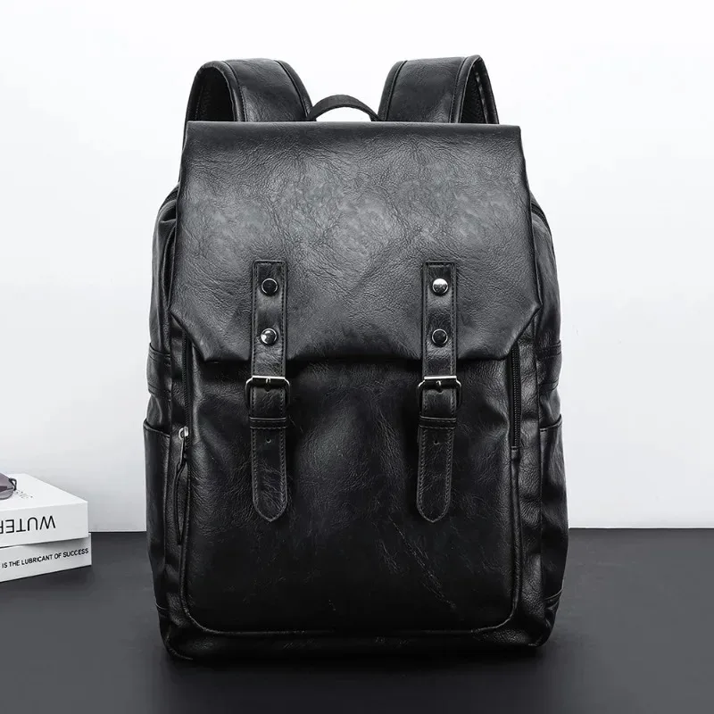 sac à dos de luxe en cuir pu pour hommes, sac à dos de voyage de grande capacité pour ordinateur portable de 15 pouces, sac à dos à rabat à la mode, sac de randonnée et de camping