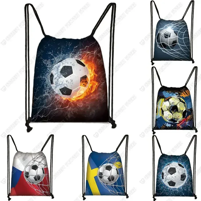 sac dos toile ballon football enflammé licorne colorée feuille orange fond bleu violet gris garçons voyage