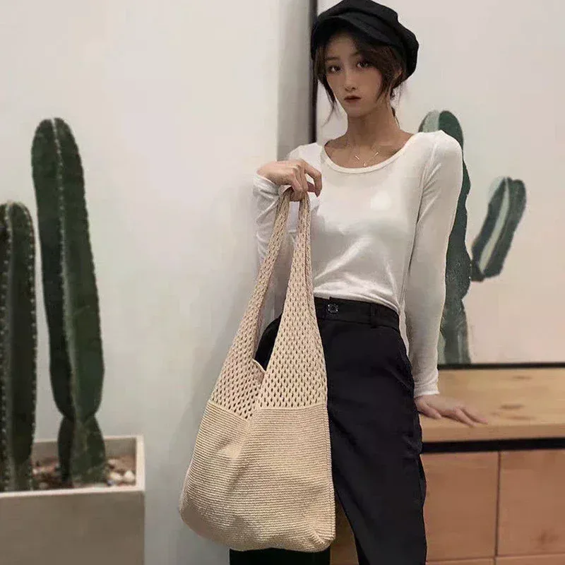 sac de rangement portable en fil tricoté style rétro, grande capacité, sac à bandoulière décontracté, sac de shopping, sac fourre-tout pratique, sac à main