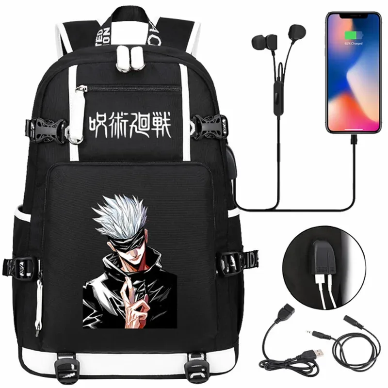 jujutsu kaimmer-sacs à dos college pour hommes et femmes, cartable anime pour adolescents, port de charge usb décontracté, sacs d'extérieur pour ordinateur portable, noir, mochila