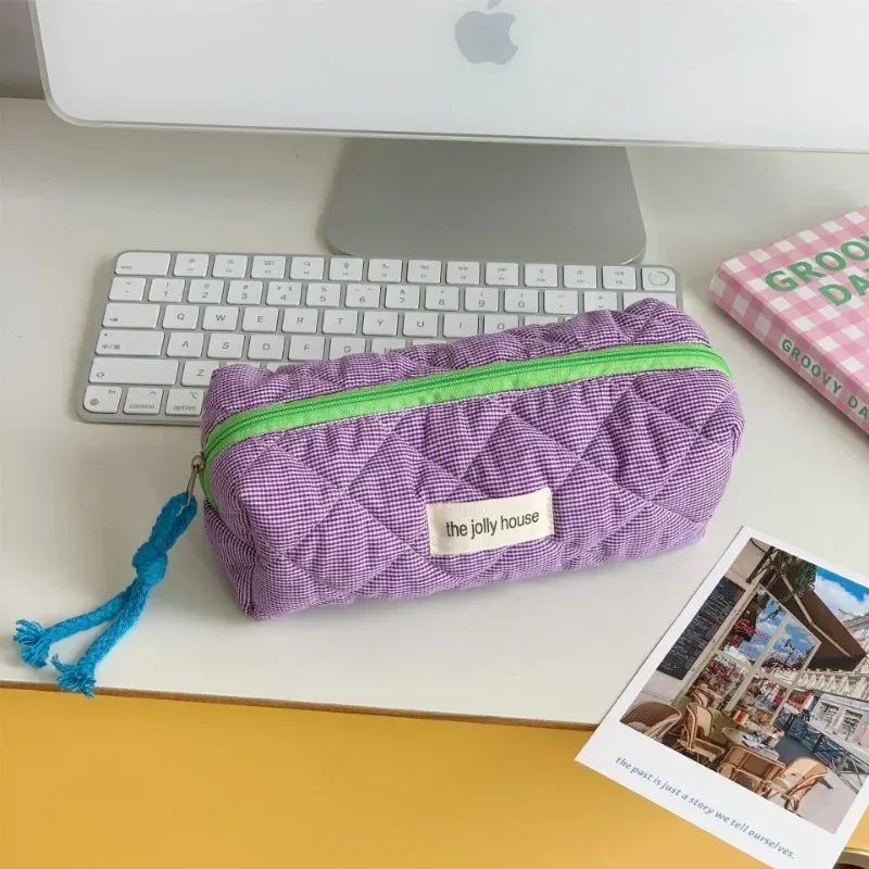 sac de maquillage à carreaux bloquant les couleurs pour femmes, sac de rangement pour pinceaux de maquillage de grande capacité, trousse de toilette pour soins de la peau
