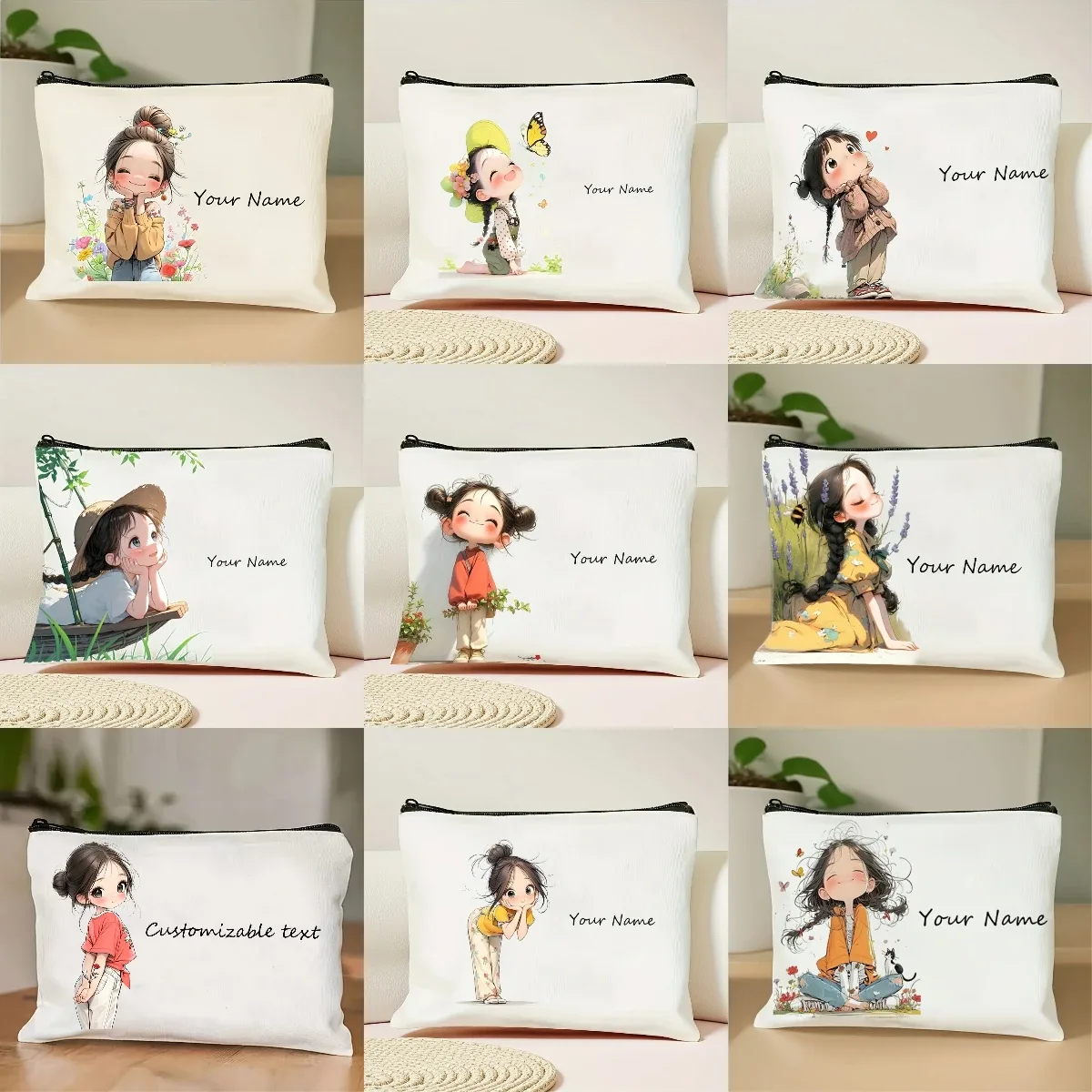Trousse Polyester Florale Blanc Motifs Animés Pliante Extensible Cosmétiques Bijoux Voyage Petite Taille Décontractée