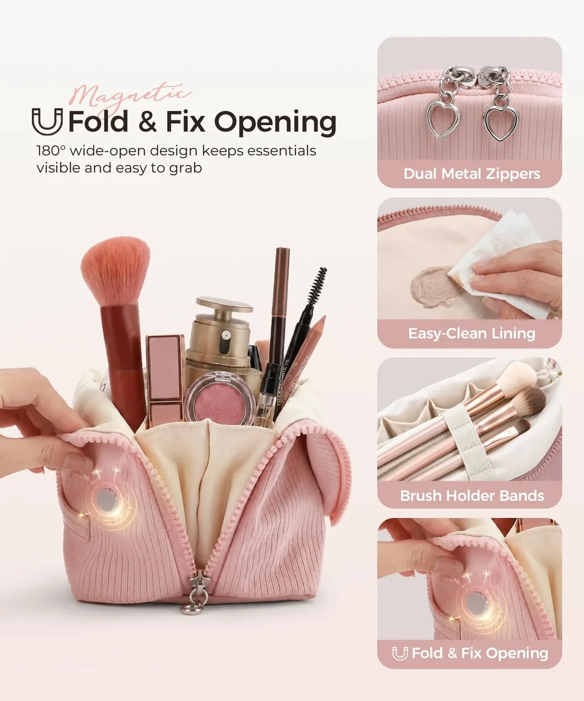 trousse de maquillage grande capacité 180 °   organisateur de cosmétiques à large ouverture, trousse de toilette portable de voyage avec compartiments et porte-pinceaux