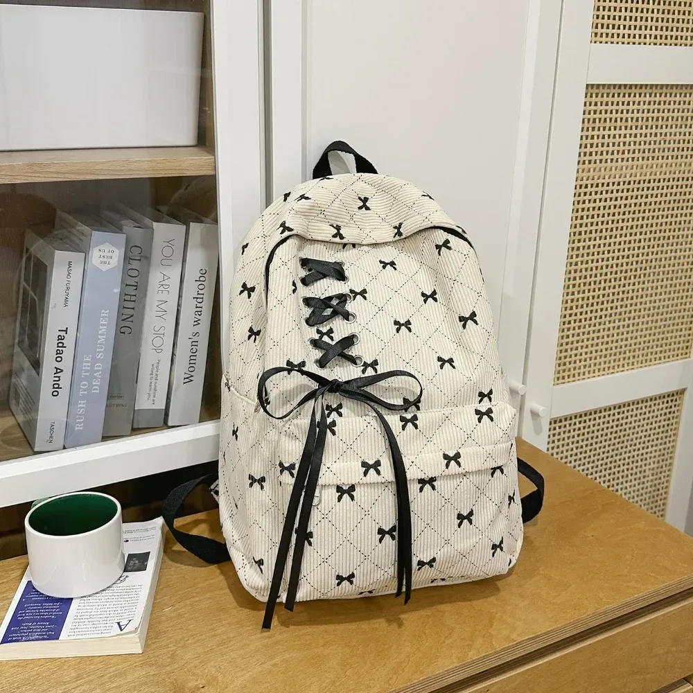 sac à dos en velours côtelé grande capacité avec nœud, léger, style coréen, sac à nœud, bretelles réglables, sac à double épaule pour étudiants