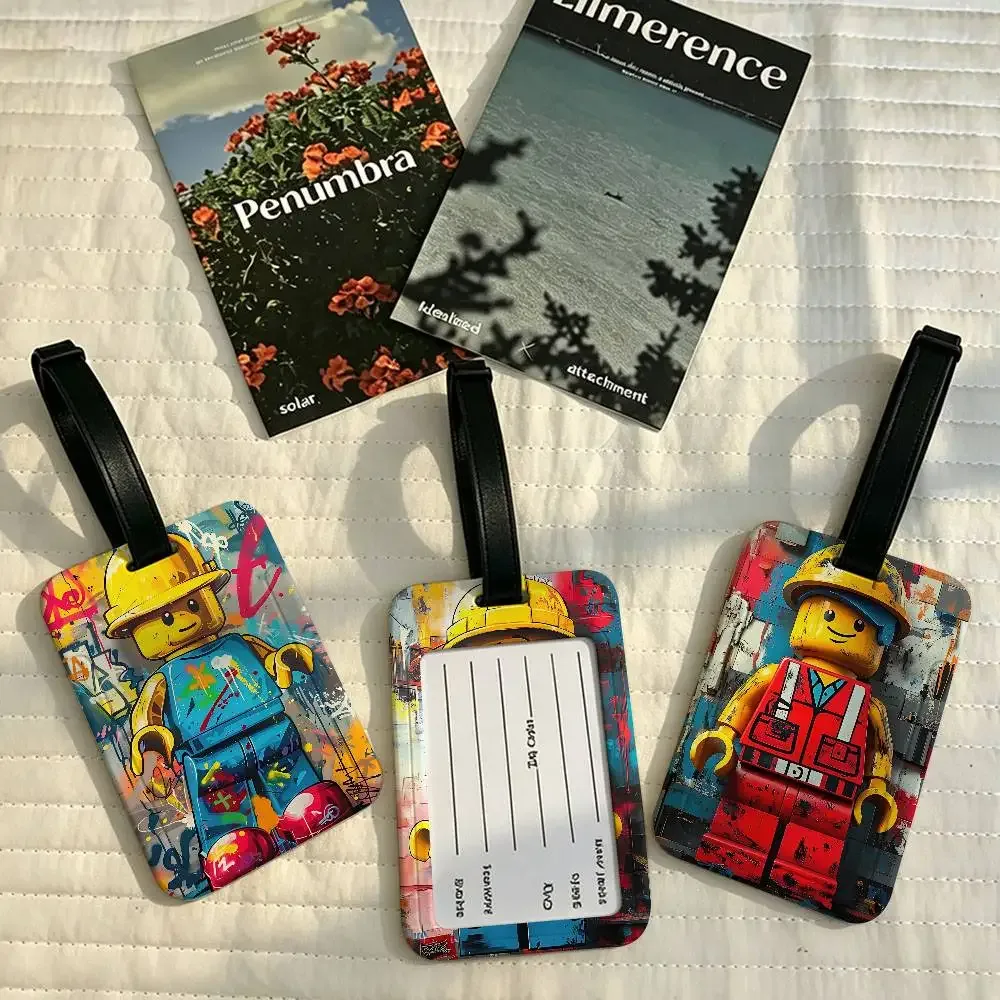 étiquette de valise en pvc anti-perte l-legos avec carte d'information, motif de dessins animés représentant diverses professions, identifiant de bagages léger pour les voyages quotidiens.