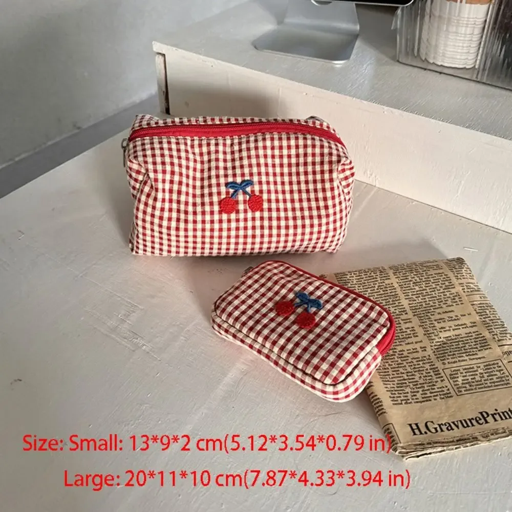 sac de maquillage portable en coton à carreaux, pochette multifonctionnelle, trousse à cosmétiques cerise, porte-cartes, sac de rangement de voyage en tissu
