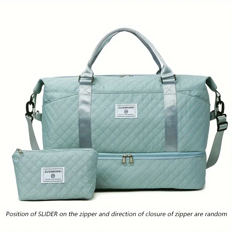 sac voyage nylon motif géométrique relief beige grande capacité bandoulière pochette cosmétiques transport week end