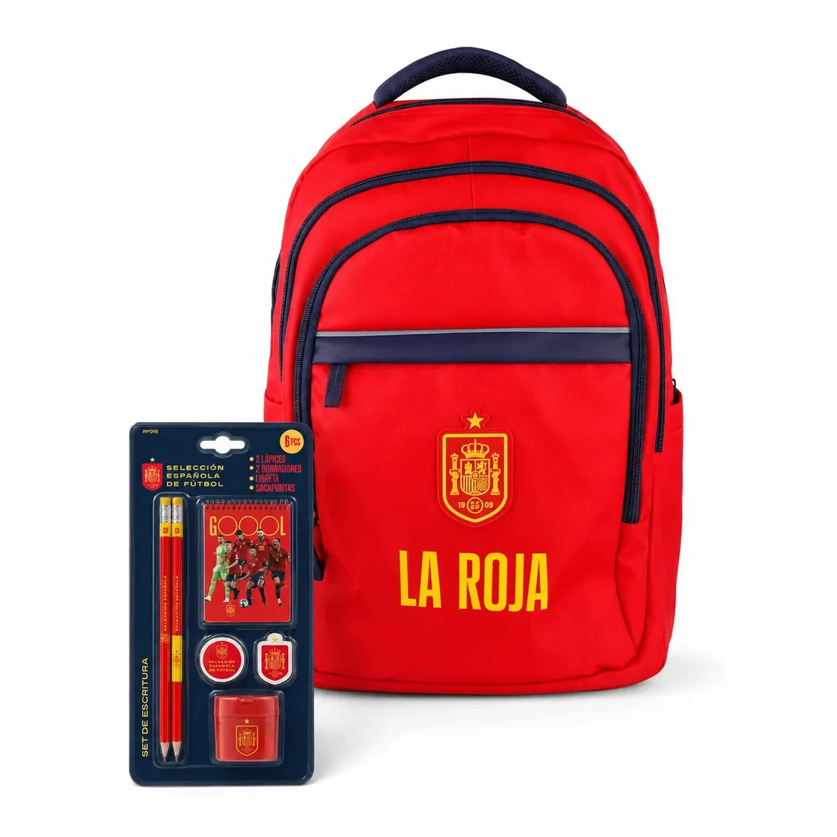 sac à dos scolaire la roja de l'équipe nationale de football espagnole "la roja", produit officiel sous licence. sac à dos de football de l'équipe nationale 43x30x18cm rouge et bleu marine avec compartiments.