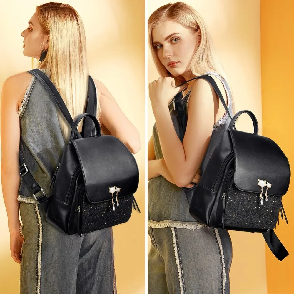 sac à dos femme foxer 2026 tendance avec sequins, pendentif chat, antivol, grande capacité, pour étudiante, trajets quotidiens et voyages