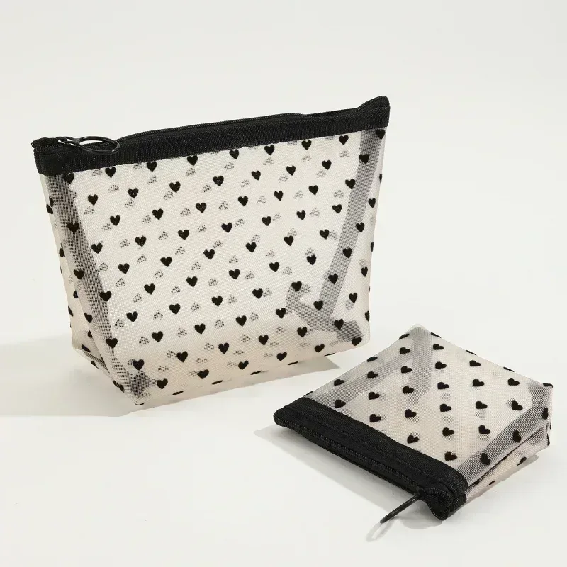 sac à cosmétiques en maille de nylon, organisateur de toilette en forme de cœur à fermeture éclair, sacs de maquillage multifonctionnels pour femmes, rouge à lèvres, clé, porte-monnaie